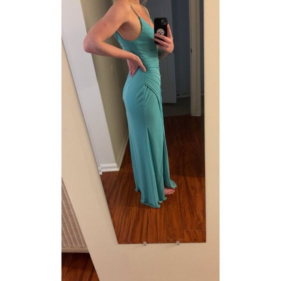 Azazie Women's Jade Blue Maxi Bridesmaid Slit Sleeveless Dress Size 6 - Picture 6 of 7